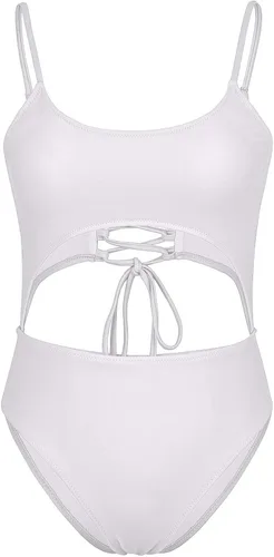 Vista 6 de Meyeeka Monokini con cuello redondo para mujer, parte delantera de encaje, corte alto, una pieza