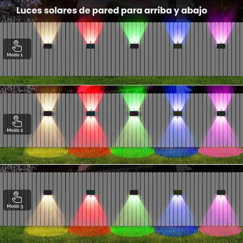 Vista 4 de Luces de valla alimentadas por energía solar, modos multicolores, luces solares para valla al aire libre IP67, luces solares de pared arriba