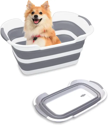 Vista 9 de Goderewild Bañera plegable multiusos para mascotas con orificio de drenaje para cachorros, perros pequeños, gatos, cesta de lavandería portátil Verde