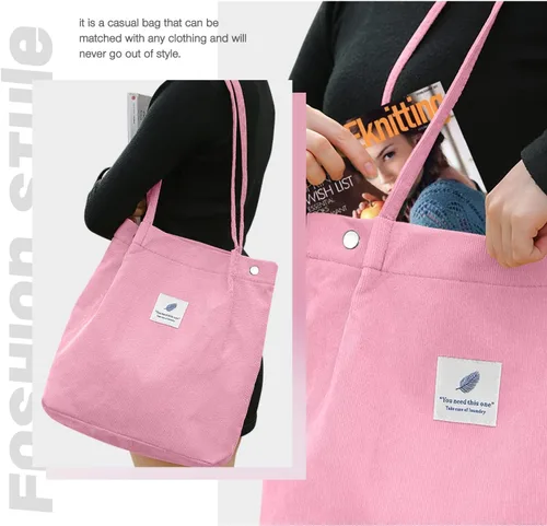 Vista 7 de Tote - Bolsa de hombro reutilizable de pana de gran capacidad con bolsillos interiores para mujeres y niñas