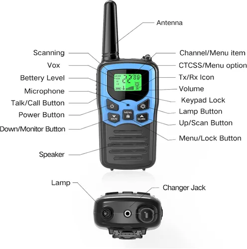Vista 7 de MOICO Walkie Talkies de largo alcance para adultos con 22 canales FRS, Walkie Talkie familiar con linterna LED, pantalla LCD VOX para senderismo