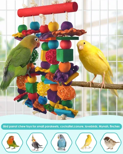Vista 5 de DBNESS - Juguetes para pájaros, juguete masticable multicolor natural, bloques de madera natural, pájaros, loros, juguetes desgarradores con bolas