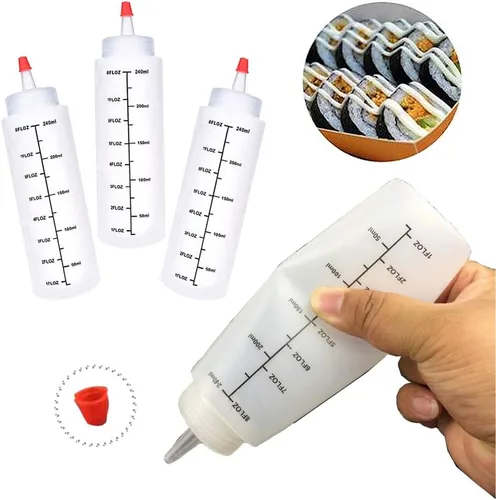 Vista 4 de Baaxxango Paquete de 12 botellas de plástico de 8 onzas líquidas, botella de chorro con tapa de punta roja y escamas negras para salsa de tomate