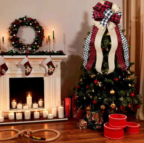 Vista 4 de Decoración para árbol de Navidad, diseño de búfalo grande, arpillera roja y negra, lazo de regalo para árbol de Navidad, decoración de fiesta