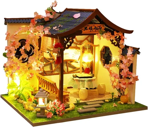 Vista 8 de Roroom Kit de casa de muñecas en miniatura y muebles, mini casa de muñecas de madera 3D, modelo artesanal estilo chino con cubierta a prueba