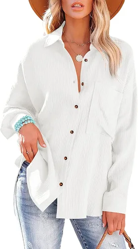 Vista 2 de Camisas de gran tamaño con botones para mujer, de algodón, de manga larga, blusas de trabajo