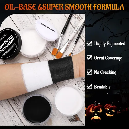 Vista 5 de BOBISUKA Pintura facial en blanco y negro + polvo de fijación + 3 pinceles de artista, kit de pintura facial para adultos, gran capacidad, paleta