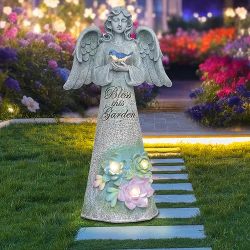 Vista 3 de Estatua de jardín de ángeles, decoración al aire libre, jardín de ángel sosteniendo pájaro con luces solares, regalos de jardinería para mamá