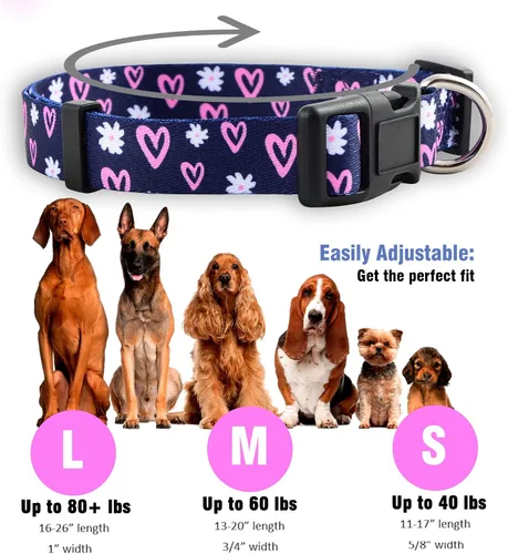 Vista 3 de Native Pup Colección de collares para perras, bonitos patrones femeninos rosados para cachorros, corazones, rosas, flores, camuflaje, lunares