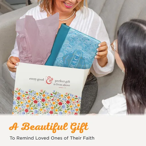 Vista 8 de Christian Art Gifts Funda de cuero vegano verde azulado para la Biblia para mujer: God's Grace Be with You - Funda de transporte inspiradora