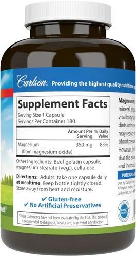 Vista 6 de Carlson - Magnesio, 350 mg, Apoyo Cardiovascular, Función Muscular y Salud Nerviosa, 180 cápsulas