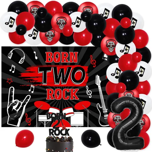 Vista 8 de 77 piezas de decoraciones de cumpleaños Born Two Rock para niñas, decoración de fiesta de segundo cumpleaños de Rock and Roll, telón de fondo de Rosa