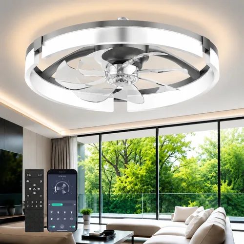 Vista 12 de Ventiladores de techo con luces y control remoto, ventilador de vidrio negro.