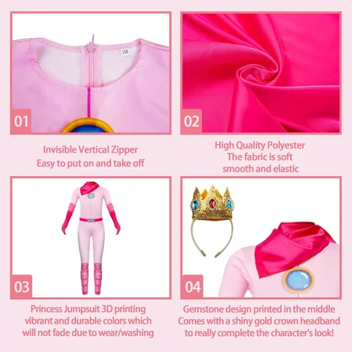Vista 4 de Disfraz de princesa melocotón para niñas, disfraz de princesa melocotón de Super Brothers con accesorios para Halloween