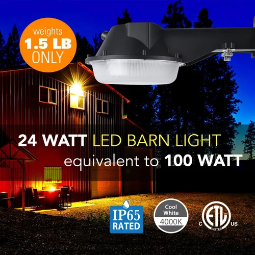 Vista 2 de Luz LED de granero de 24 W, luz de patio al aire libre del atardecer al amanecer con fotocélula 4000 K, luz diurna cálida 2,250 lm, reemplazo de 100