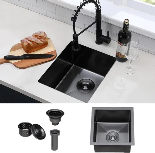 Vista 11 de Hotis Fregadero de Barra Negro Empotrable, Fregadero de Cocina Pequeño de 15x15 de Un Solo Tazón, Fregaderos Negros de Acero Inoxidable para Bar