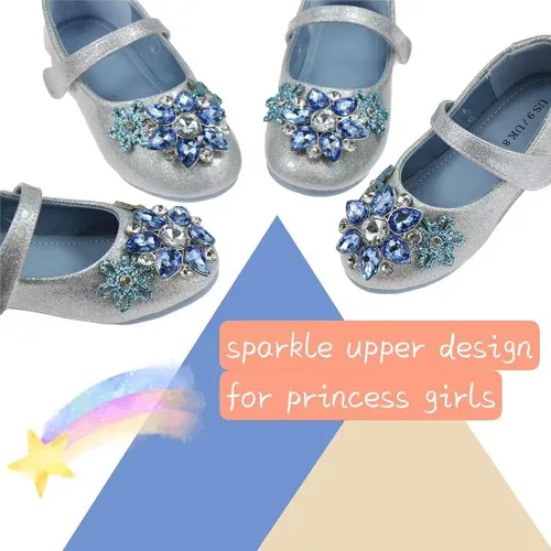 Vista 5 de owiluup - Zapatos de vestir para niñas Mary Jane Princess con gancho y bucle con purpurina para fiestas azules para niños pequeños