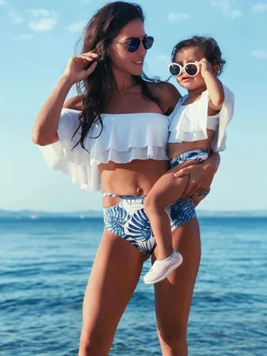 Vista 7 de IFFEI - Conjunto de bikini de dos piezas, traje de baño a juego para la familia, trajes de baño Mommy and Me (mami y yo) con volantes y estampados