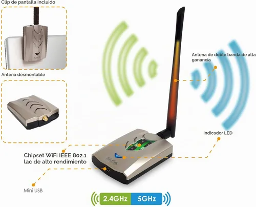 Vista 2 de Alfa AWUS036ACHM 802.11ac WiFi Range Boost Adaptador USB