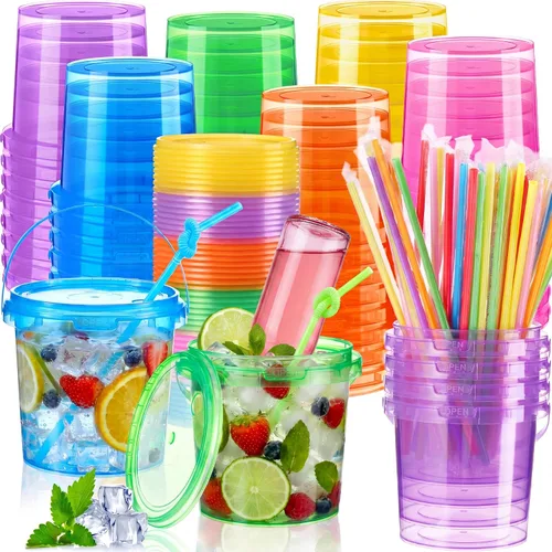 Vista 17 de Funnymoom Paquete de 36 cubos de plástico para ron para bebidas con pajita, cubeta de cóctel para helado, con tapas y asas, recipientes de alimentos