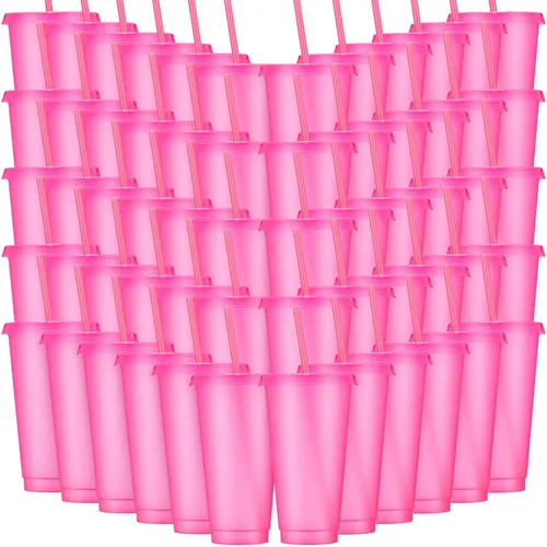 Vista 30 de Honeydak Paquete de 60 vasos con popote y tapa, vasos a granel para regalos, tazas de café de plástico con purpurina de 24 a 27 onzas, botella