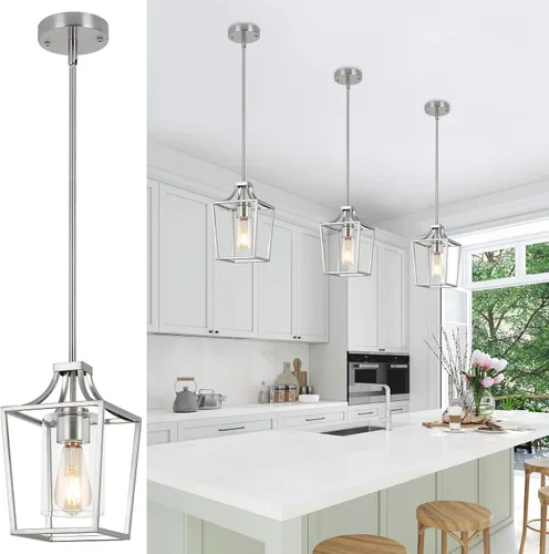Vista 12 de foucasal Lámpara Colgante de Linterna Níquel Cepillado Accesorios de Lámpara Colgante de 3 Luces Accesorio de Luz de Linterna, 9.4" Iluminación