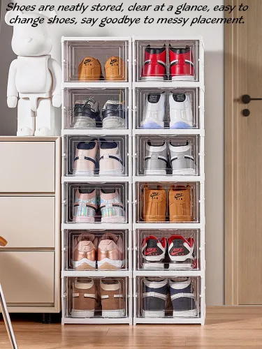 Vista 4 de FUYUN Organizador de zapatos de plástico – Cajas de zapatos apilables y plegables de 6 niveles para armario, contenedores transparentes y que