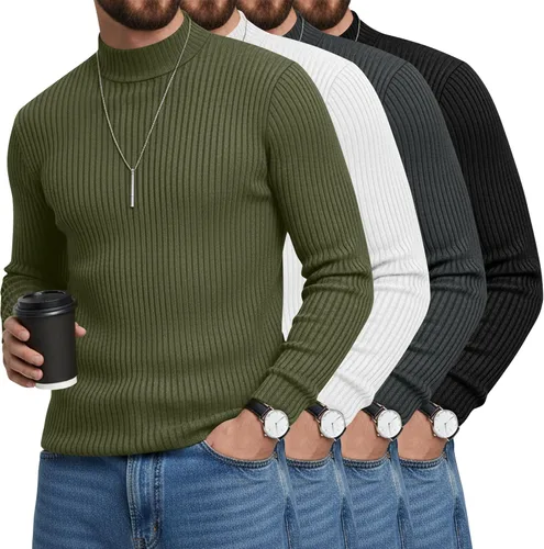 Vista 9 de Paquete de 4 Camisetas de Cuello Alto Simulado para Hombre de Algodón de Punto Acanalado de Manga Larga Pullover Ajustado Casual Suéteres Básicas