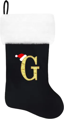 Vista 75 de Calcetines de Navidad bordados de 20 pulgadas con monograma, terciopelo negro con puño de felpa blanca supersuave, adornos clásicos para decoración
