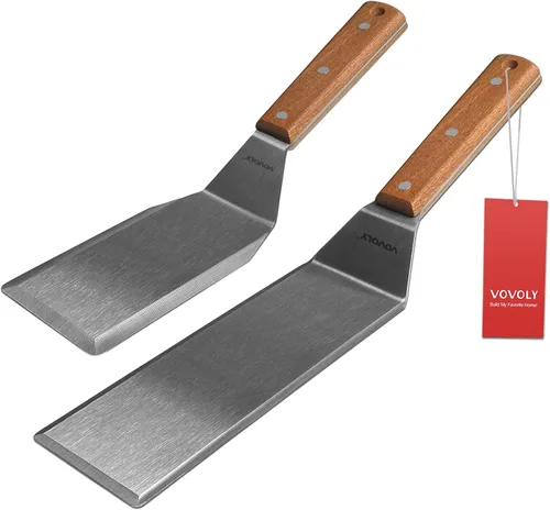 Vista 9 de Espátula de metal profesional para sartenes de hierro fundido y parrillas de parte superior plana, mango de silicona de espiga completa, hoja