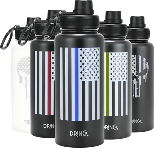 Vista 7 de DRINCO Botella de agua de acero inoxidable con tapa de boquilla, aislada al vacío, botella de agua de doble pared, bandera de Estados Unidos 30oz US