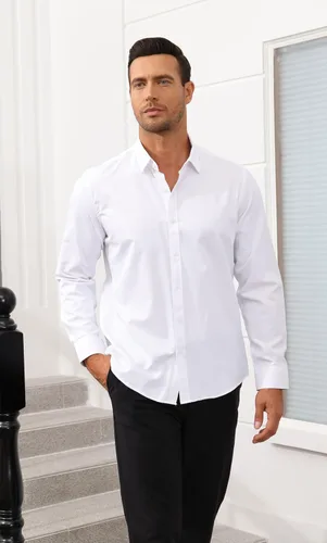 Vista 6 de MUSE FATH Camisa de vestir de color sólido para hombre, camisa casual de manga larga de ajuste regular