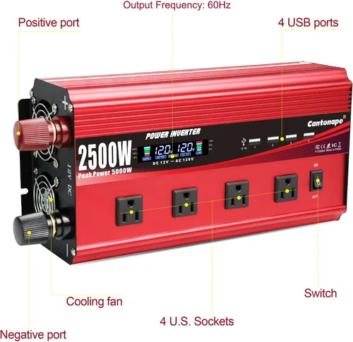 Vista 2 de Cantonape 2500W Power Inverter 12V to 110V/120V DC to AC with LCD Display
