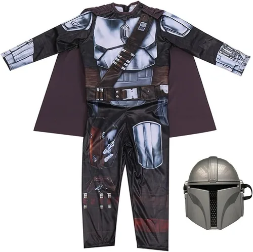 Vista 2 de Disfraz de Mandalorian para niños con máscara y capa, trajes de fiesta de Halloween Cosplay