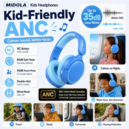 Vista 2 de MIDOLA Auriculares para Niños con Cancelación Activa de Ruido Bluetooth 5.4 Inalámbricos con Volumen Limitado 85/94dB, Carga Rápida Tipo C, Sobre