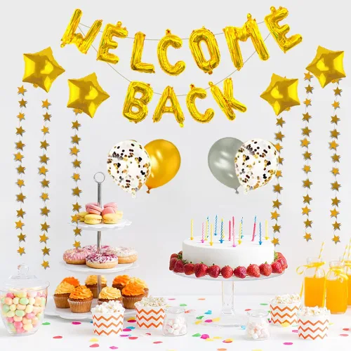 Vista 6 de Juego de 66 piezas de decoración de globos de bienvenida con texto en inglés "Welcome Back" y "Welcome Back", globos dorados y plateados, globos
