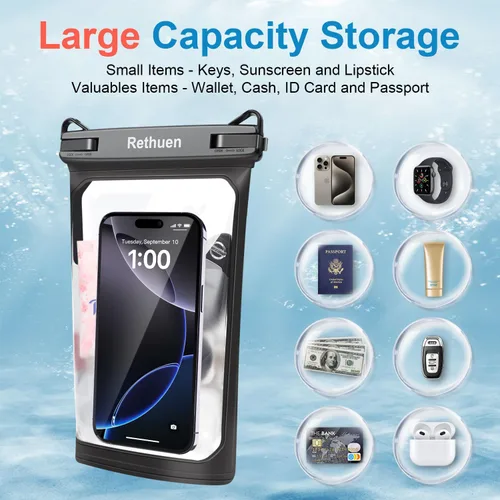 Vista 2 de Bolsa flotante grande impermeable para teléfono, paquete de 2 bolsas secas para teléfono celular para iPhone 17, 16, 15, 14, 13 Pro Max, Galaxy S24