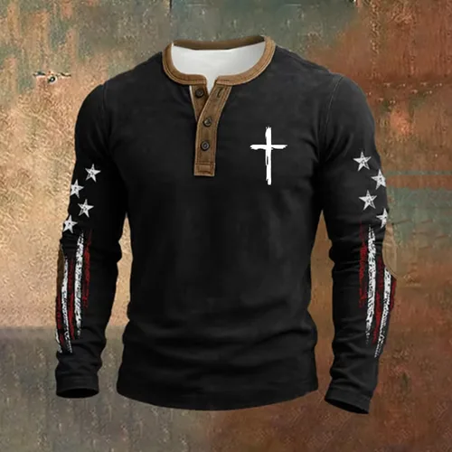 Vista 2 de Camisa Henley con la bandera estadounidense para hombre, cuello en V, manga larga, con estampado de Jesús, camiseta patriótica casual con botones