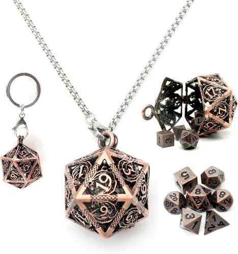 Vista 11 de Haxtec Juego Mini de Dados de Metal DND con Estuche de Collar Hueco Juego de Dados de Metal Pequeños Antiguos Juego de Llaveros D&D Portátil Juego