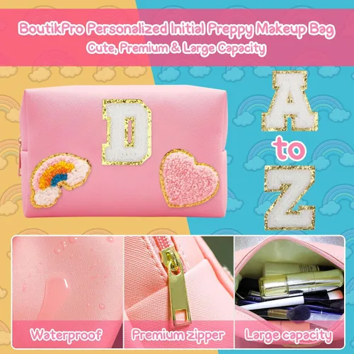 Vista 3 de Bolsa de Maquillaje Preppy, Estuche de Lápices de Cuero PU Premium Impermeable Bolsa de Cosméticos con Sonrisa Corazón Arcoíris Bonita Bolsa