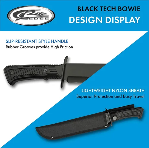 Vista 4 de SZCO Cuchillo Bowie de hoja completa de 15 pulgadas - Cuchillo negro para acampar con mango de goma, hoja de acero inoxidable y funda para caza