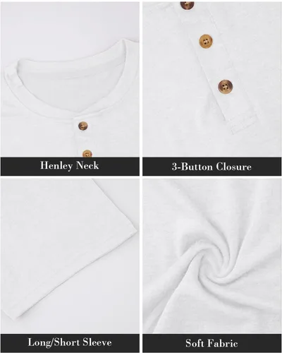 Vista 3 de Camisas Henley clásicas de manga corta con botones básicos de algodón con bolsillo para hombre