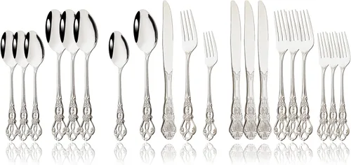 Vista 8 de JASHII Juego de cubiertos de acero inoxidable 304, utensilios de cocina estilo antiguo, 20 piezas, servicio para 4 vajillas negras con cuchillos