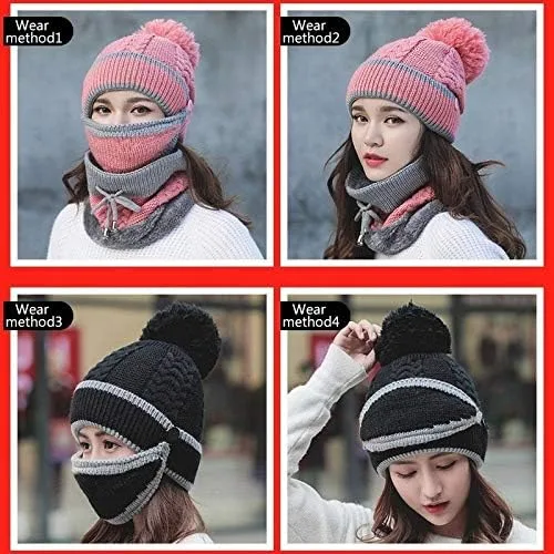 Vista 2 de Juego de 3 piezas de moda para mujer, gorro de punto de invierno grueso de lana con máscara cálida y bufanda para el cuello