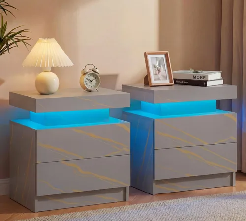 Vista 14 de Generic Juego de 2 Mesitas de noche con 2 cajones, mesa de noche con cajones para muebles de dormitorio, mesa auxiliar con luz LED, color negro