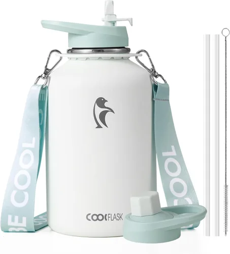 Vista 20 de Botella de agua Coolflask de 40 onzas con correa, botella de agua metálica aislada con popote y tapas con pico, acero inoxidable de doble pared al