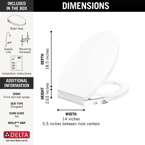 Vista 7 de Delta 833004 Asiento de bidé alargado de cierre suave con varilla de autolimpieza de control manual - Blanco