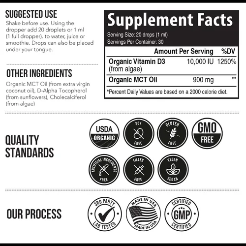 Vista 6 de Vitamina D3 orgánica de 10,000 UI – Planta D3, vegana, fuerza máxima sublingual líquido D3 gotas – 200% mayor absorción, 100%