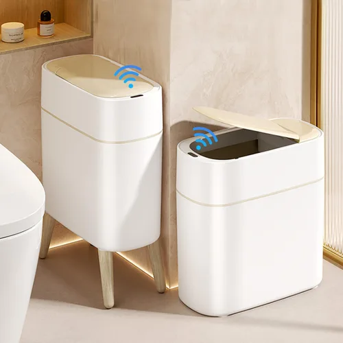 Vista 8 de LALASTAR Basurero automático de baño con tapa, sensor de movimiento para inodoro, cesta de basura inteligente delgada para cocina, sala de estar