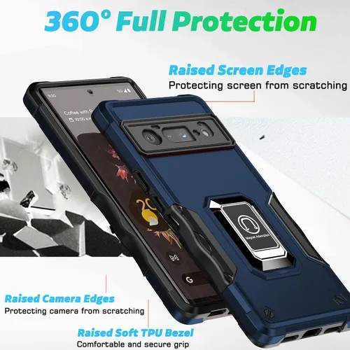 Vista 5 de Asuwish Funda de teléfono para Google Pixel 6 Pro con protector de pantalla de vidrio templado y soporte de anillo rígido híbrido resistente Azul